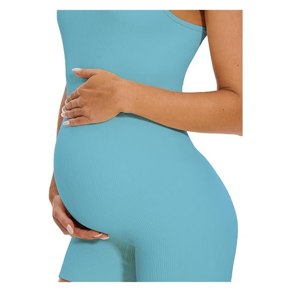 Maternity Workout Romper Pregnancy Yoga Ribbed One Piece Seamless Tank Top Jumpsuit