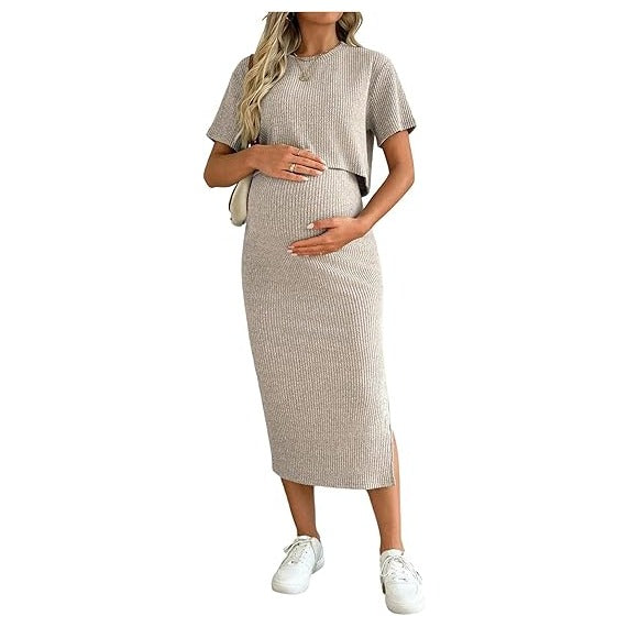 Women's Maternity Ribbed 2 Piece Outfits Short Sleeve Crop Top Bodycon Slit Midi Skirt Set