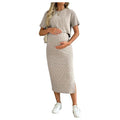 Women's Maternity Ribbed 2 Piece Outfits Short Sleeve Crop Top Bodycon Slit Midi Skirt Set