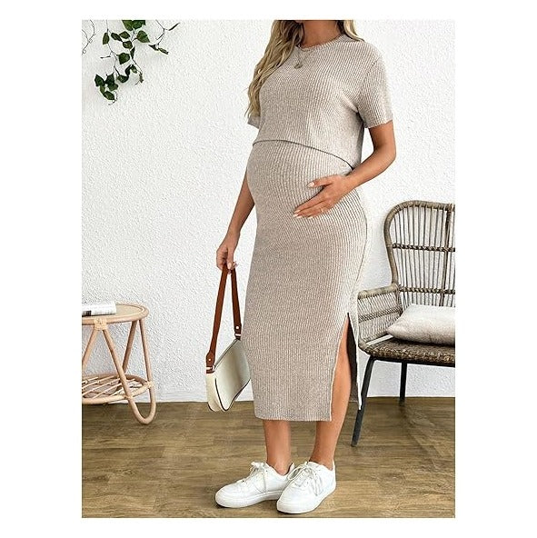 Women's Maternity Ribbed 2 Piece Outfits Short Sleeve Crop Top Bodycon Slit Midi Skirt Set