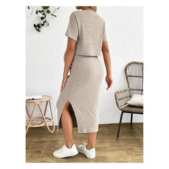 Women's Maternity Ribbed 2 Piece Outfits Short Sleeve Crop Top Bodycon Slit Midi Skirt Set