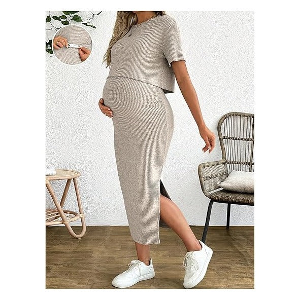 Women's Maternity Ribbed 2 Piece Outfits Short Sleeve Crop Top Bodycon Slit Midi Skirt Set