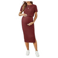 Women's Maternity Ribbed 2 Piece Outfits Short Sleeve Crop Top Bodycon Slit Midi Skirt Set