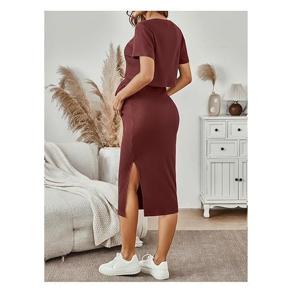 Women's Maternity Ribbed 2 Piece Outfits Short Sleeve Crop Top Bodycon Slit Midi Skirt Set