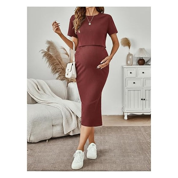 Women's Maternity Ribbed 2 Piece Outfits Short Sleeve Crop Top Bodycon Slit Midi Skirt Set