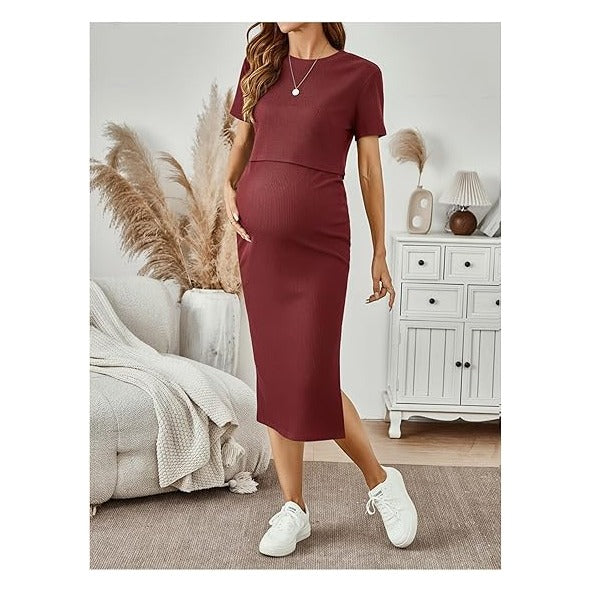 Women's Maternity Ribbed 2 Piece Outfits Short Sleeve Crop Top Bodycon Slit Midi Skirt Set
