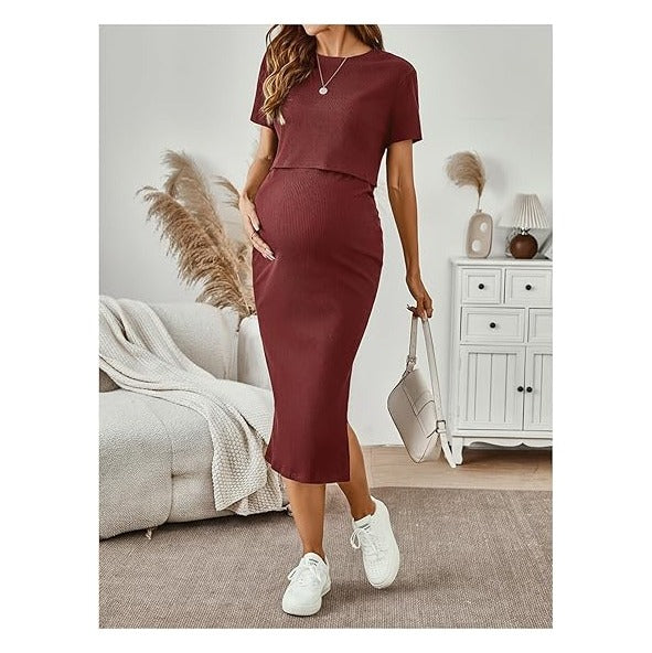 Women's Maternity Ribbed 2 Piece Outfits Short Sleeve Crop Top Bodycon Slit Midi Skirt Set