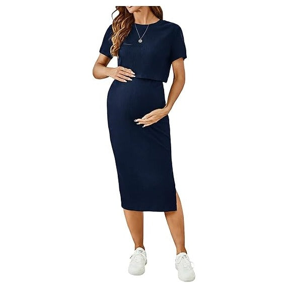 Women's Maternity Ribbed 2 Piece Outfits Short Sleeve Crop Top Bodycon Slit Midi Skirt Set