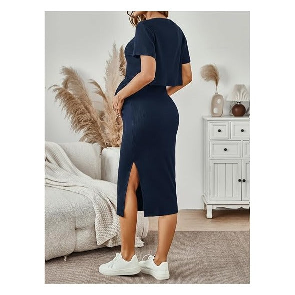 Women's Maternity Ribbed 2 Piece Outfits Short Sleeve Crop Top Bodycon Slit Midi Skirt Set
