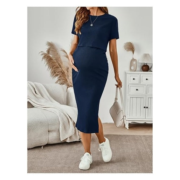 Women's Maternity Ribbed 2 Piece Outfits Short Sleeve Crop Top Bodycon Slit Midi Skirt Set
