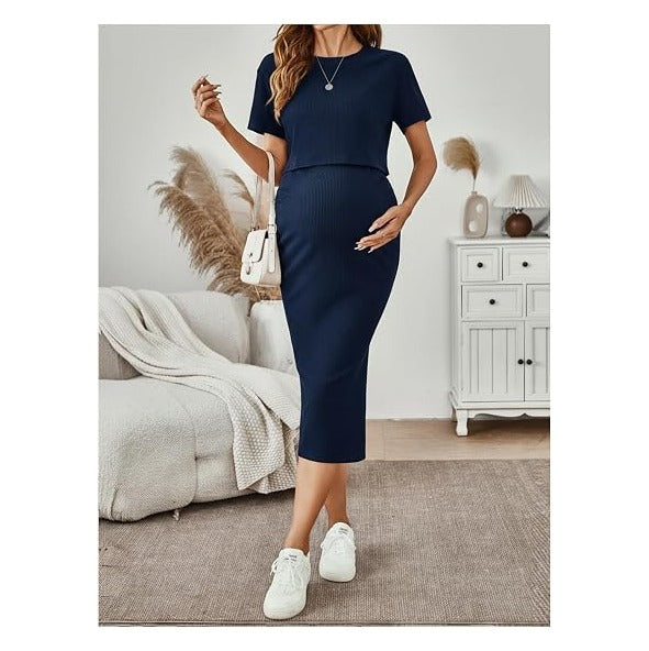 Women's Maternity Ribbed 2 Piece Outfits Short Sleeve Crop Top Bodycon Slit Midi Skirt Set