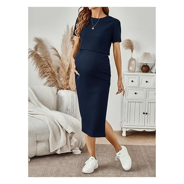 Women's Maternity Ribbed 2 Piece Outfits Short Sleeve Crop Top Bodycon Slit Midi Skirt Set