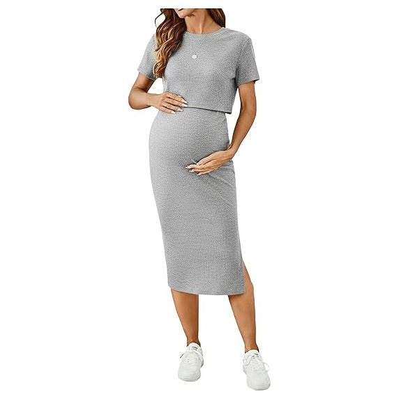 Women's Maternity Ribbed 2 Piece Outfits Short Sleeve Crop Top Bodycon Slit Midi Skirt Set