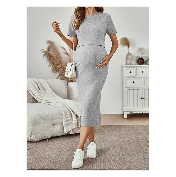 Women's Maternity Ribbed 2 Piece Outfits Short Sleeve Crop Top Bodycon Slit Midi Skirt Set