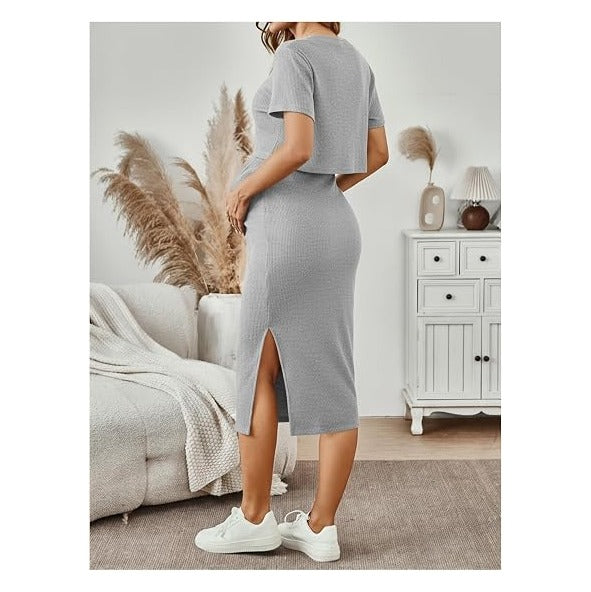Women's Maternity Ribbed 2 Piece Outfits Short Sleeve Crop Top Bodycon Slit Midi Skirt Set