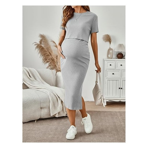 Women's Maternity Ribbed 2 Piece Outfits Short Sleeve Crop Top Bodycon Slit Midi Skirt Set