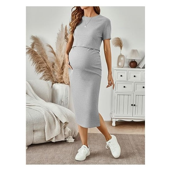 Women's Maternity Ribbed 2 Piece Outfits Short Sleeve Crop Top Bodycon Slit Midi Skirt Set