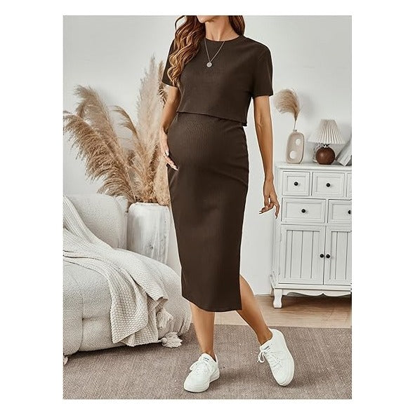 Women's Maternity Ribbed 2 Piece Outfits Short Sleeve Crop Top Bodycon Slit Midi Skirt Set