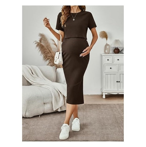 Women's Maternity Ribbed 2 Piece Outfits Short Sleeve Crop Top Bodycon Slit Midi Skirt Set