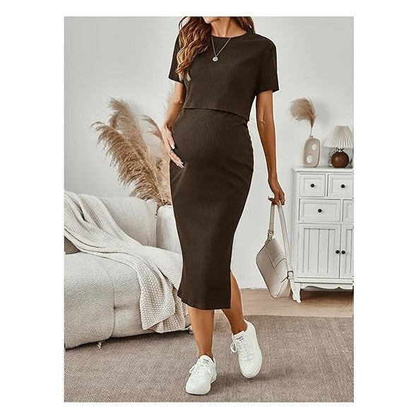 Women's Maternity Ribbed 2 Piece Outfits Short Sleeve Crop Top Bodycon Slit Midi Skirt Set