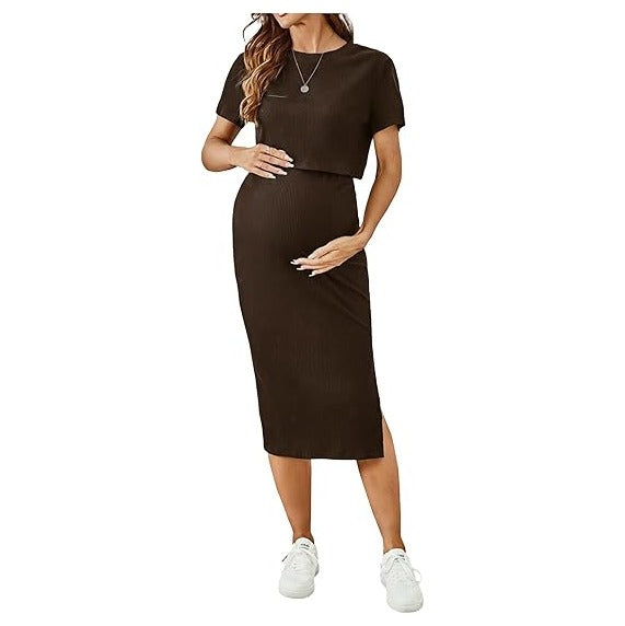 Women's Maternity Ribbed 2 Piece Outfits Short Sleeve Crop Top Bodycon Slit Midi Skirt Set