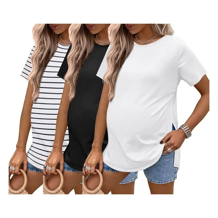3 Pack Maternity Shirts Short Sleeve Split Side Pregnancy Tops Casual Pregnant Tunic Blouse
