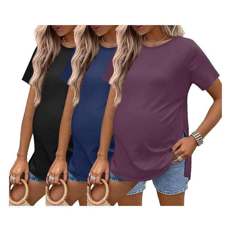 3 Pack Maternity Shirts Short Sleeve Split Side Pregnancy Tops Casual Pregnant Tunic Blouse