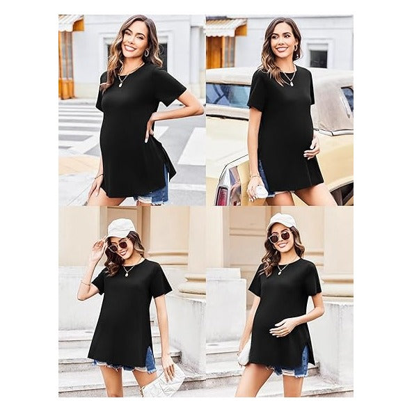 3 Pack Maternity Shirts Short Sleeve Split Side Pregnancy Tops Casual Pregnant Tunic Blouse