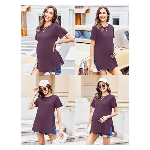3 Pack Maternity Shirts Short Sleeve Split Side Pregnancy Tops Casual Pregnant Tunic Blouse