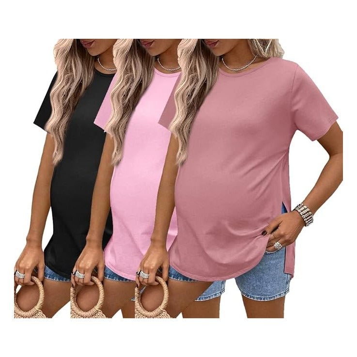 3 Pack Maternity Shirts Short Sleeve Split Side Pregnancy Tops Casual Pregnant Tunic Blouse