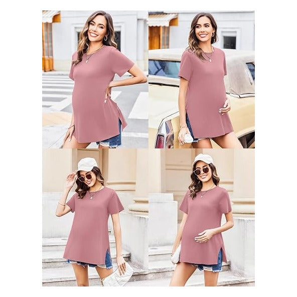 3 Pack Maternity Shirts Short Sleeve Split Side Pregnancy Tops Casual Pregnant Tunic Blouse
