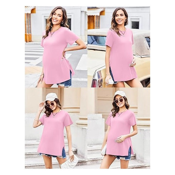 3 Pack Maternity Shirts Short Sleeve Split Side Pregnancy Tops Casual Pregnant Tunic Blouse