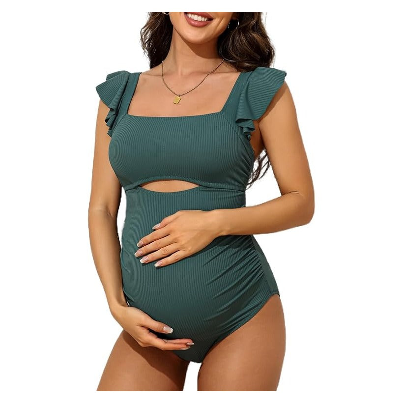 Maternity Bathing Suits for Women Ribbed Tie Knot Maternity Swimsuit Cutout Ruched Pregnancy Swimwear