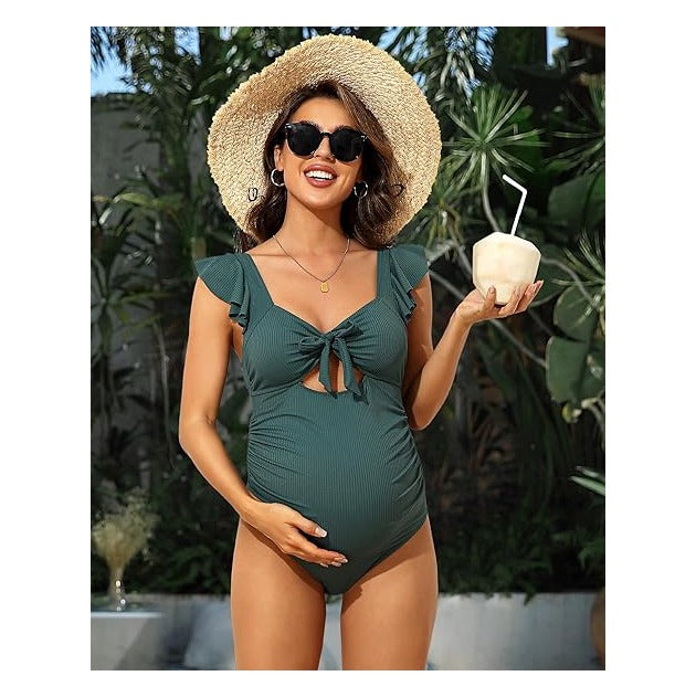 Maternity Bathing Suits for Women Ribbed Tie Knot Maternity Swimsuit Cutout Ruched Pregnancy Swimwear
