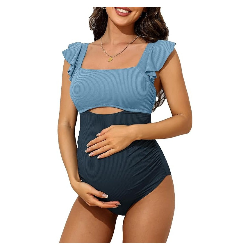 Maternity Bathing Suits for Women Ribbed Tie Knot Maternity Swimsuit Cutout Ruched Pregnancy Swimwear