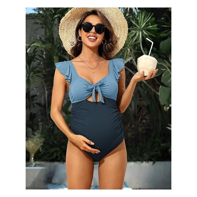 Maternity Bathing Suits for Women Ribbed Tie Knot Maternity Swimsuit Cutout Ruched Pregnancy Swimwear