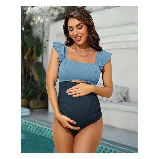Maternity Bathing Suits for Women Ribbed Tie Knot Maternity Swimsuit Cutout Ruched Pregnancy Swimwear