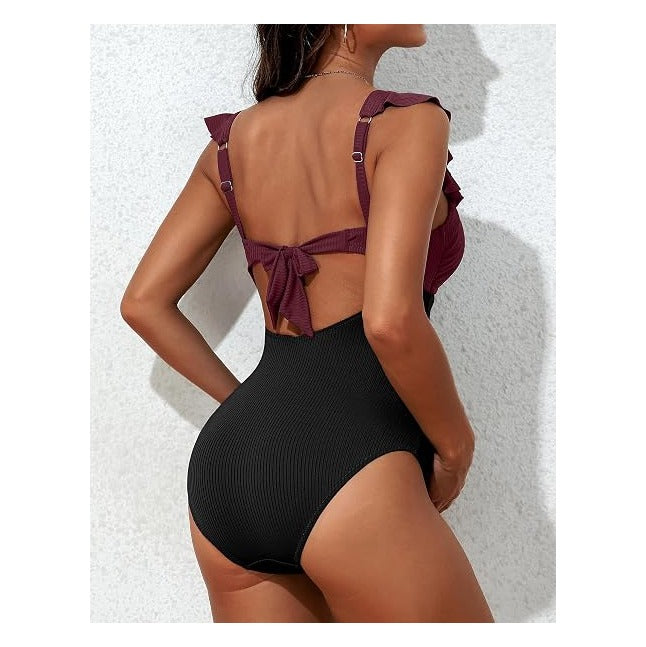 Maternity Bathing Suits for Women Ribbed Tie Knot Maternity Swimsuit Cutout Ruched Pregnancy Swimwear