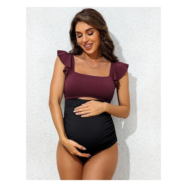Maternity Bathing Suits for Women Ribbed Tie Knot Maternity Swimsuit Cutout Ruched Pregnancy Swimwear