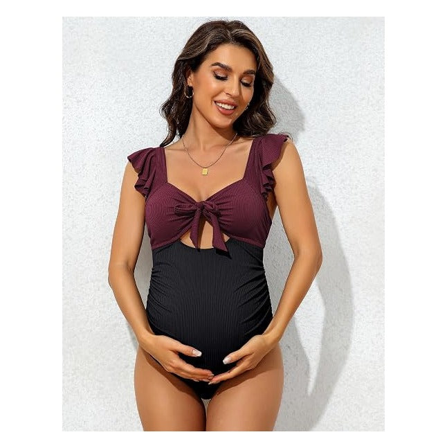 Maternity Bathing Suits for Women Ribbed Tie Knot Maternity Swimsuit Cutout Ruched Pregnancy Swimwear