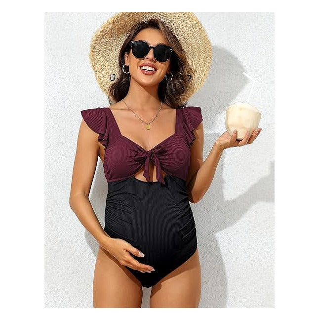 Maternity Bathing Suits for Women Ribbed Tie Knot Maternity Swimsuit Cutout Ruched Pregnancy Swimwear