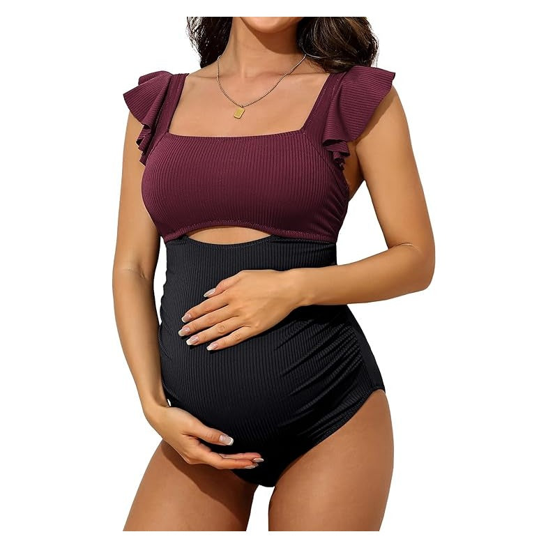 Maternity Bathing Suits for Women Ribbed Tie Knot Maternity Swimsuit Cutout Ruched Pregnancy Swimwear