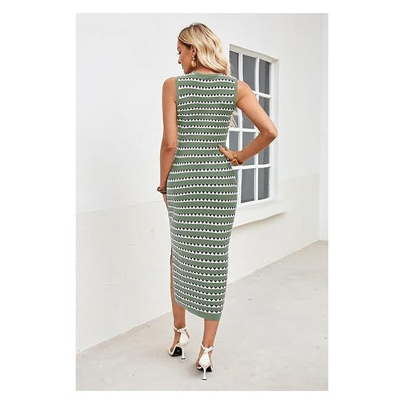 Women's 2026 Summer Maternity Dress Knit Sleeveless Crewneck Midi Dress Side Slit Striped Bodycon Sweater Dress