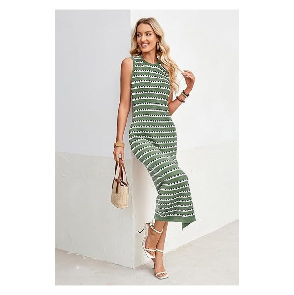 Women's 2026 Summer Maternity Dress Knit Sleeveless Crewneck Midi Dress Side Slit Striped Bodycon Sweater Dress