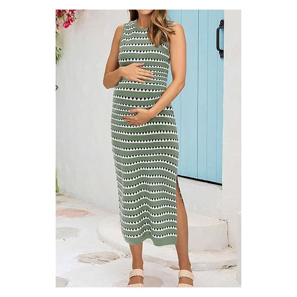 Women's 2026 Summer Maternity Dress Knit Sleeveless Crewneck Midi Dress Side Slit Striped Bodycon Sweater Dress