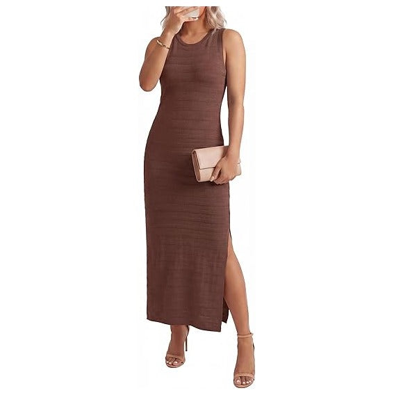 Women's 2026 Summer Maternity Dress Knit Sleeveless Crewneck Midi Dress Side Slit Striped Bodycon Sweater Dress