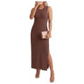 Women's 2026 Summer Maternity Dress Knit Sleeveless Crewneck Midi Dress Side Slit Striped Bodycon Sweater Dress