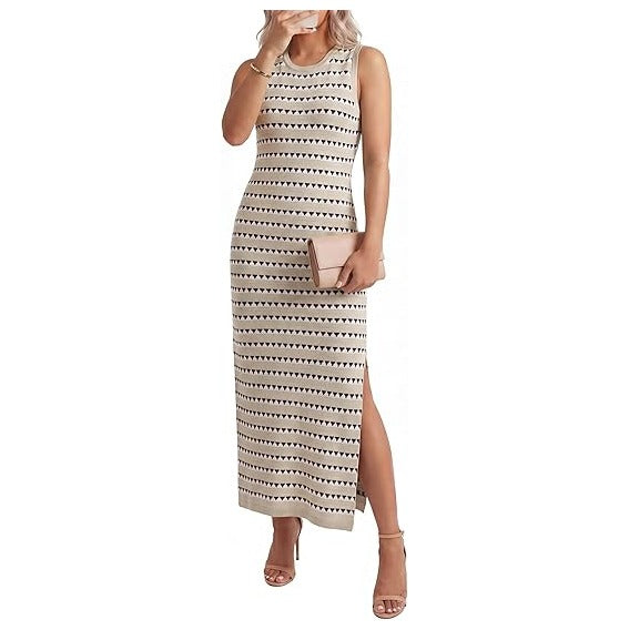 Women's 2026 Summer Maternity Dress Knit Sleeveless Crewneck Midi Dress Side Slit Striped Bodycon Sweater Dress