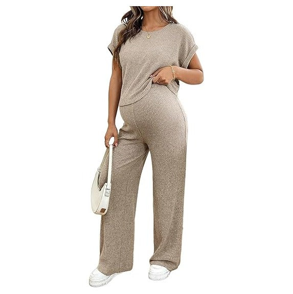 Maternity Clothes Ribbed Short Sleeve Maternity Pajamas Sets Sleepwear Lounge 2 Piece Matching Outfits Set