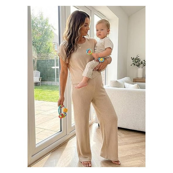 Maternity Clothes Ribbed Short Sleeve Maternity Pajamas Sets Sleepwear Lounge 2 Piece Matching Outfits Set